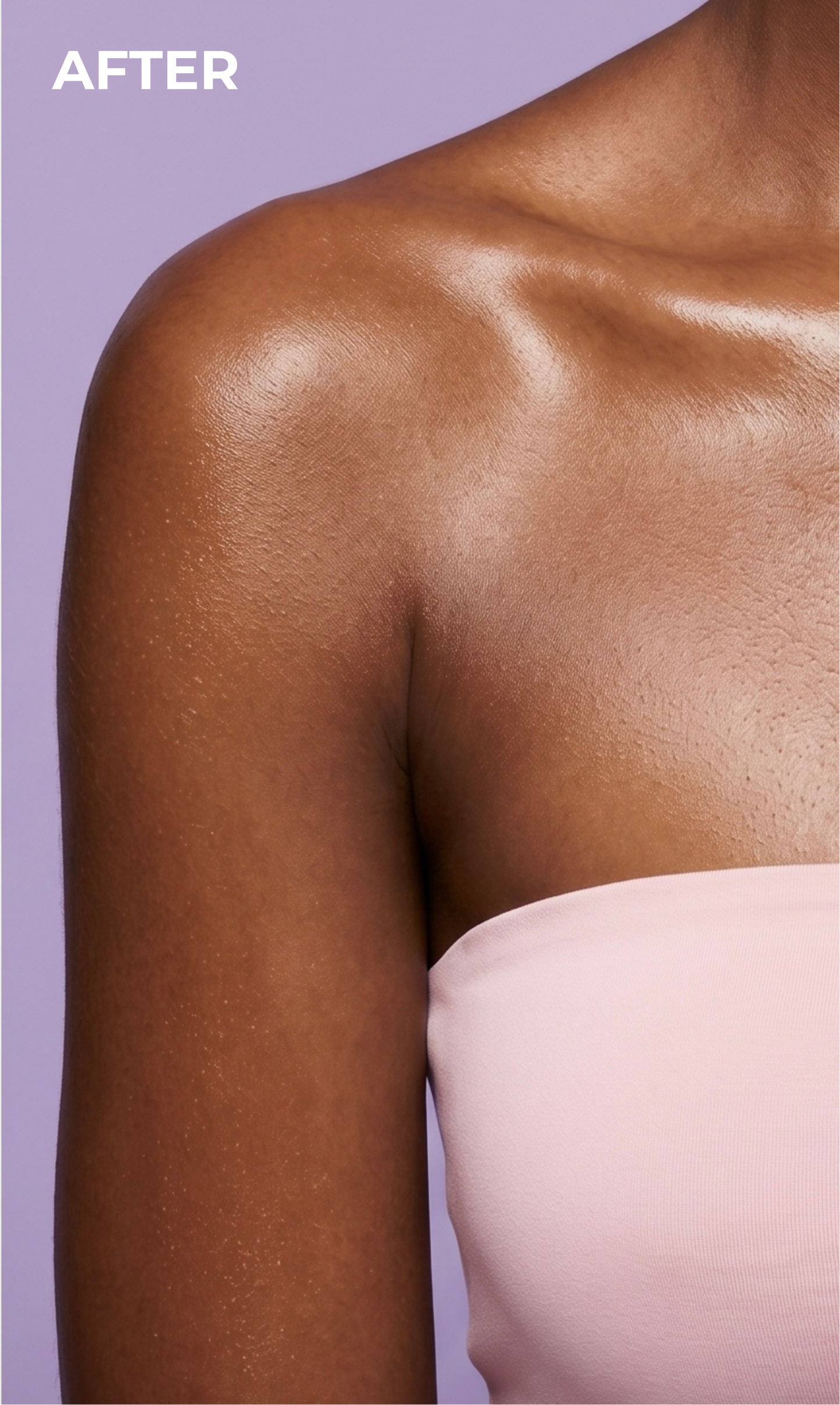 Before and after comparison of a person wearing a strapless top on a purple background